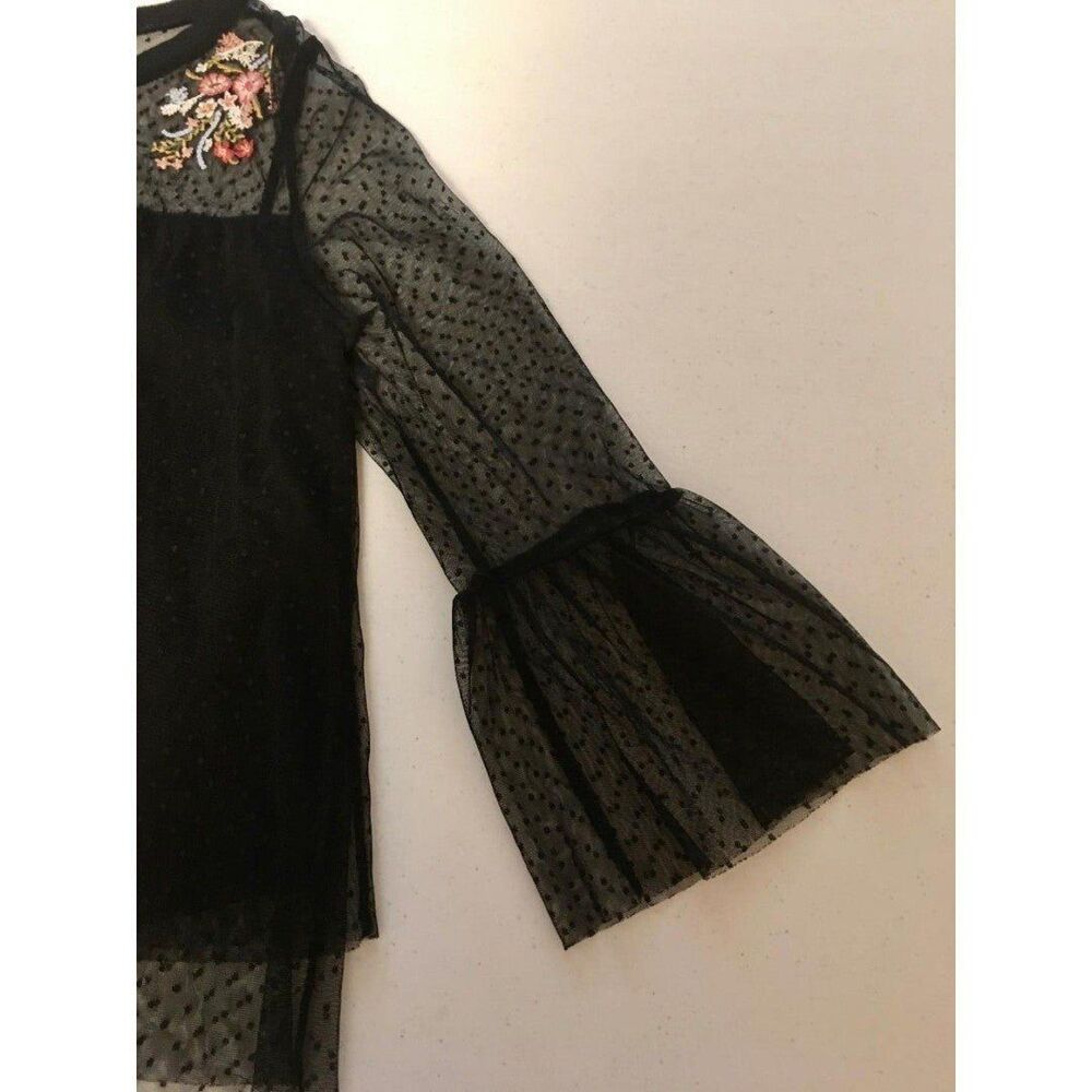 Womens Sz Med Xhilaration Black Sheer Flowered Top Sheer Sleeves Stretchy Lined - Picture 5 of 7